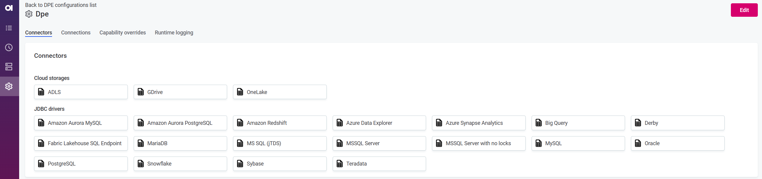 dpm admin console dpe configurations selected dpe