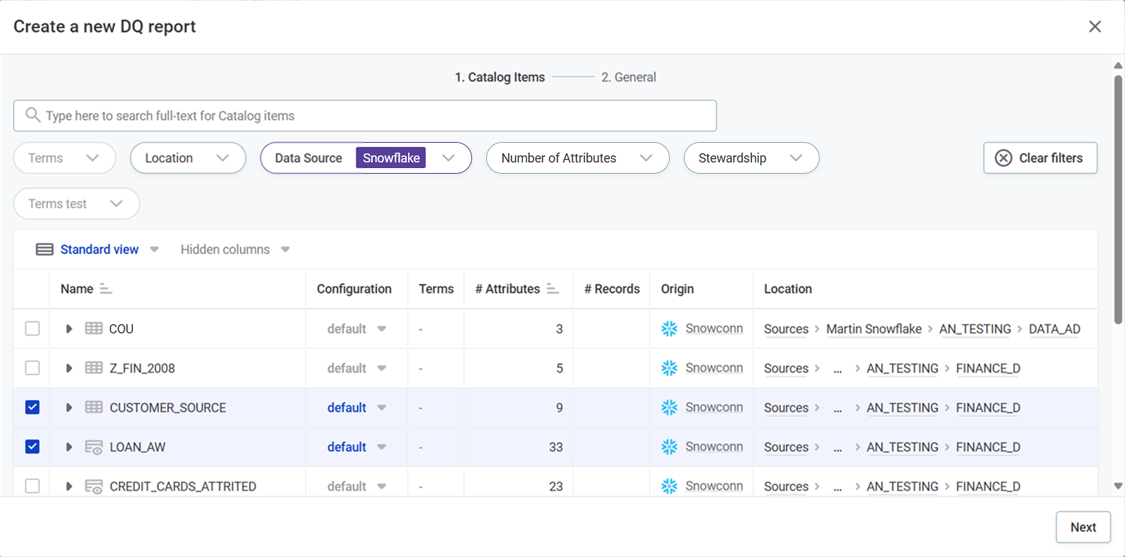 Create a new DQ report dialog - step 1