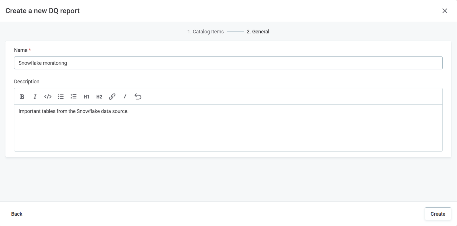 Create a new DQ report dialog - step 2