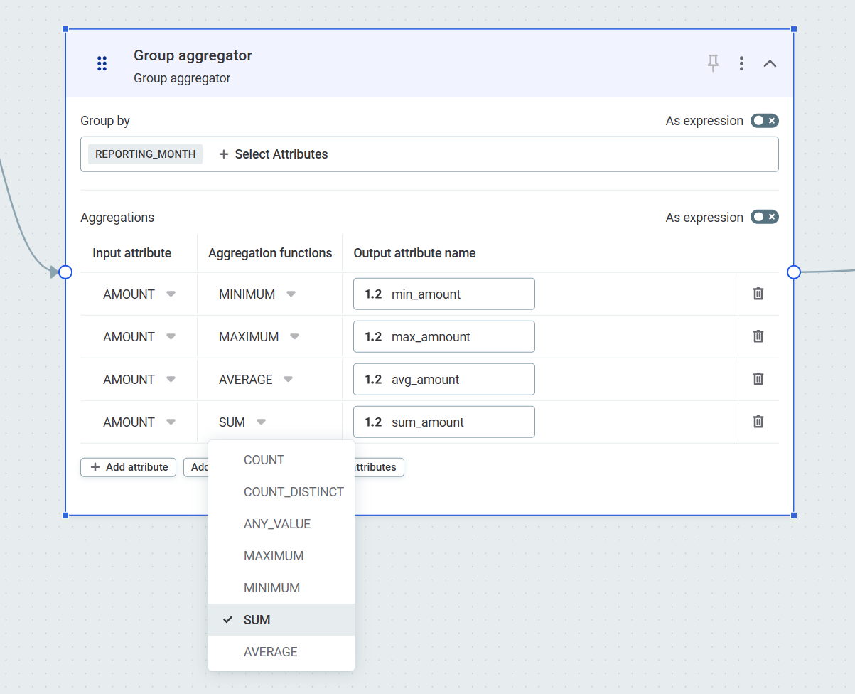 Group Aggregator basic configuration showing grouping by REPORTING_MONTH with MINIMUM