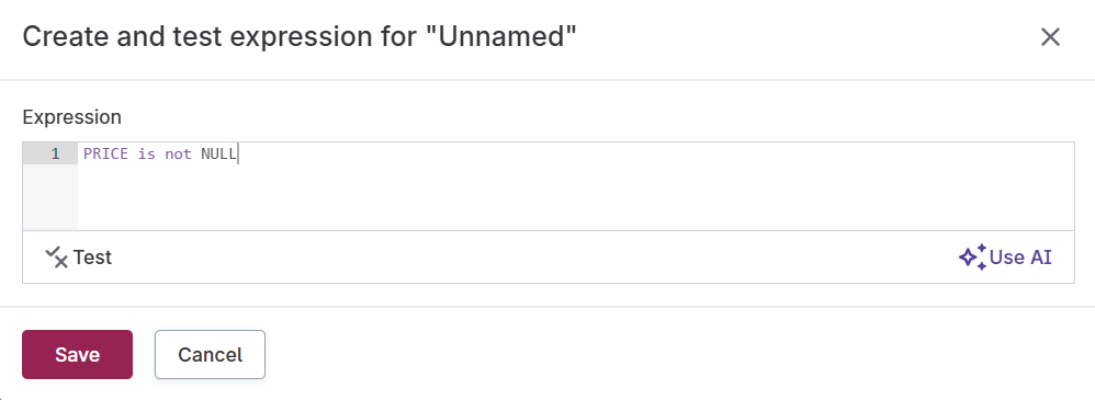 Create and test expression dialog showing AI prompt field and expression editor