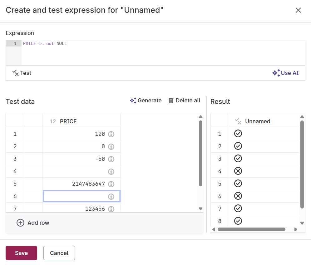 Expression testing interface showing test data input and results