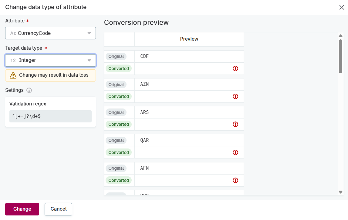 Change attribute Data type dialog with conversion preview