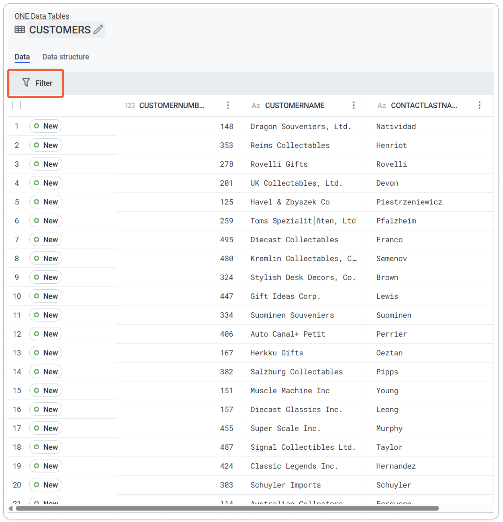 Filter button selection interface