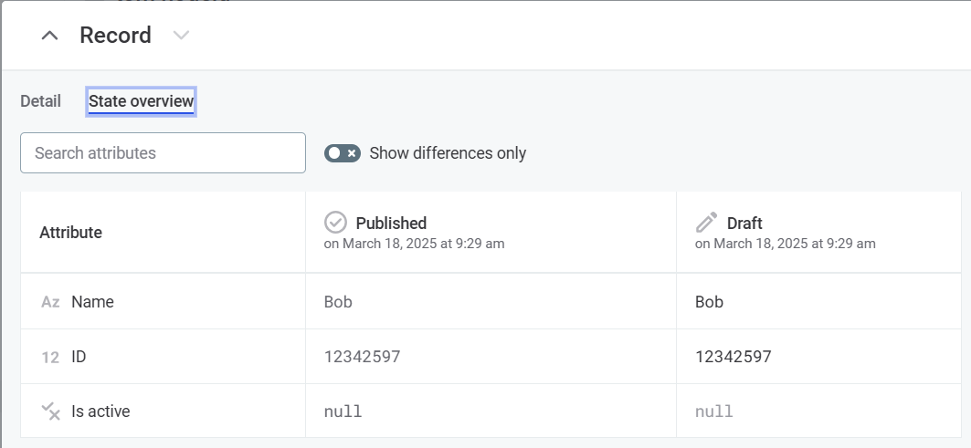Record state overview showing difference comparison