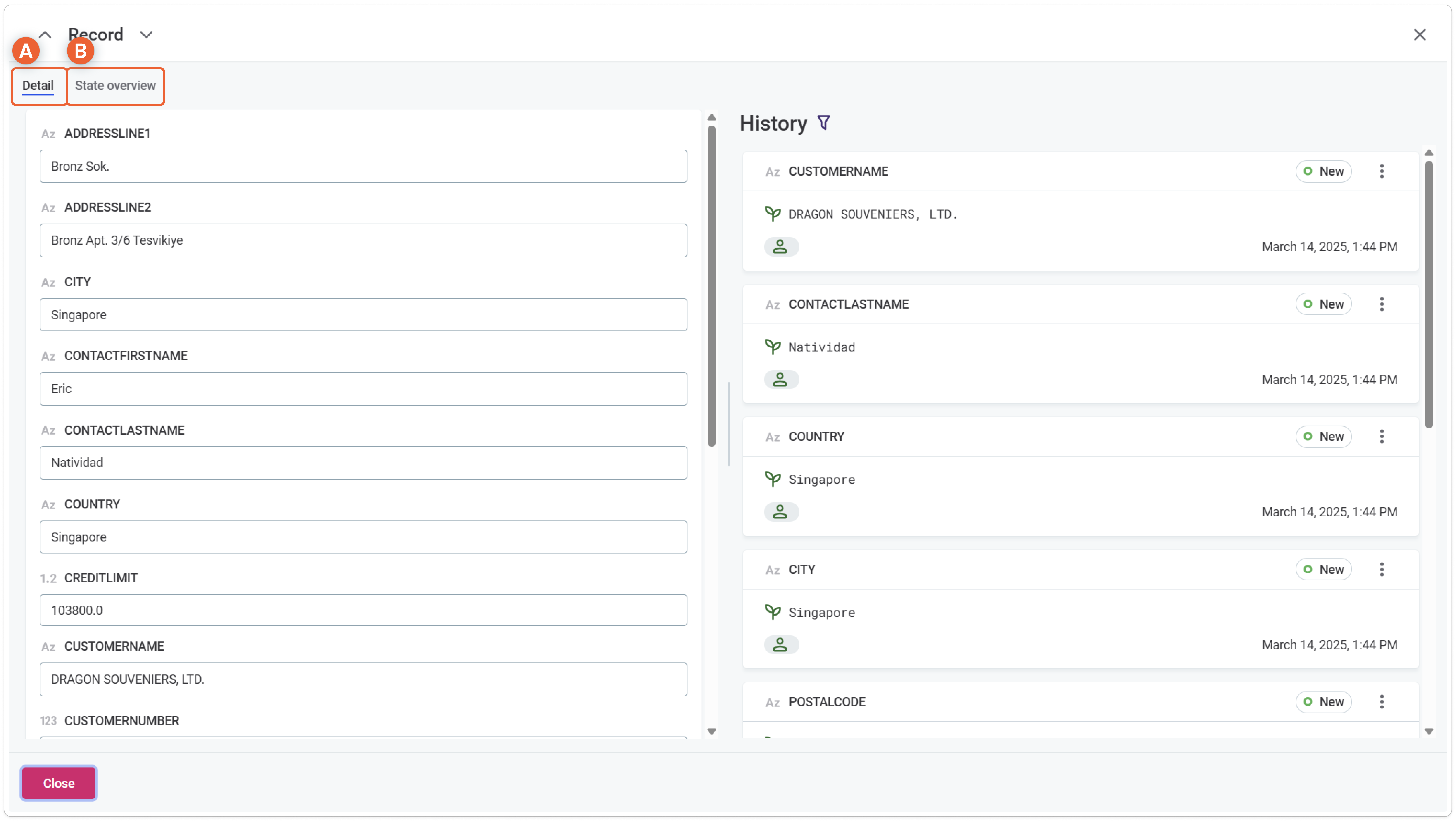 Record detail dialog with attribute listing