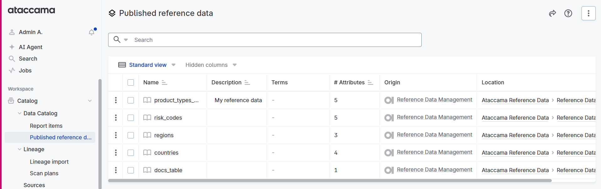 Reference data published to Catalog