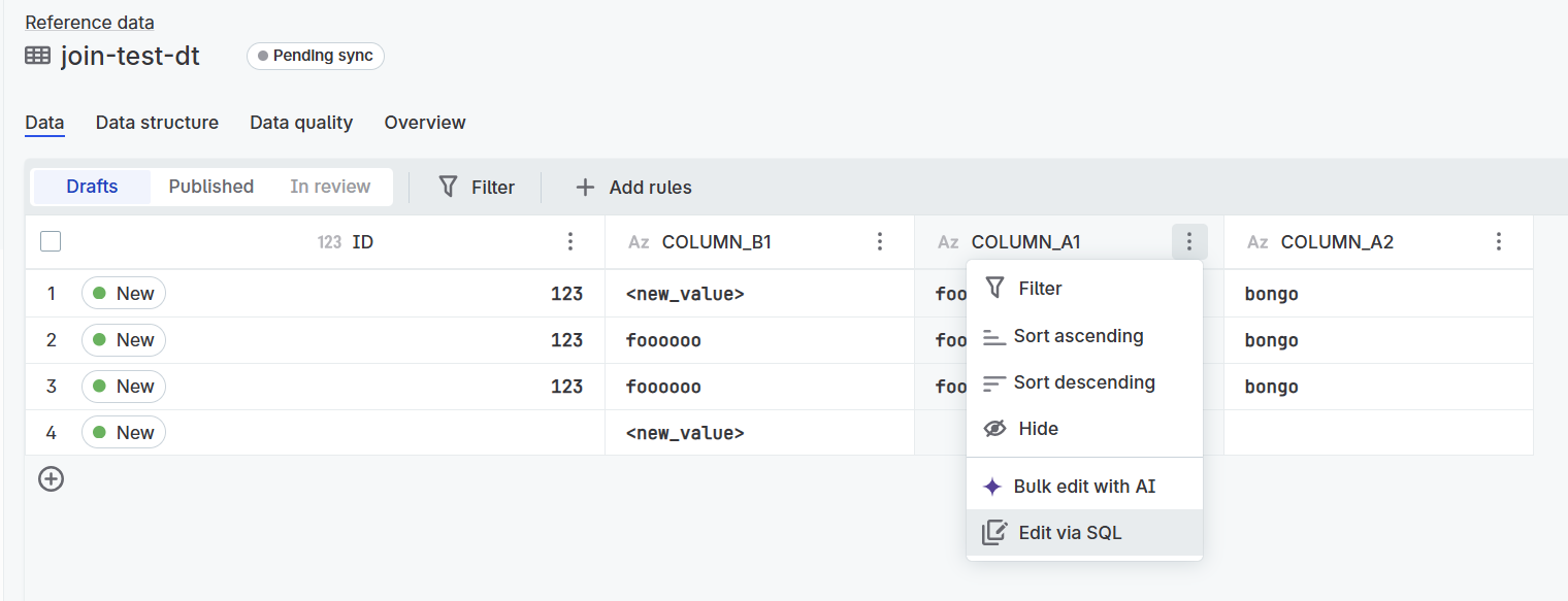 Column header context menu with Edit via SQL option