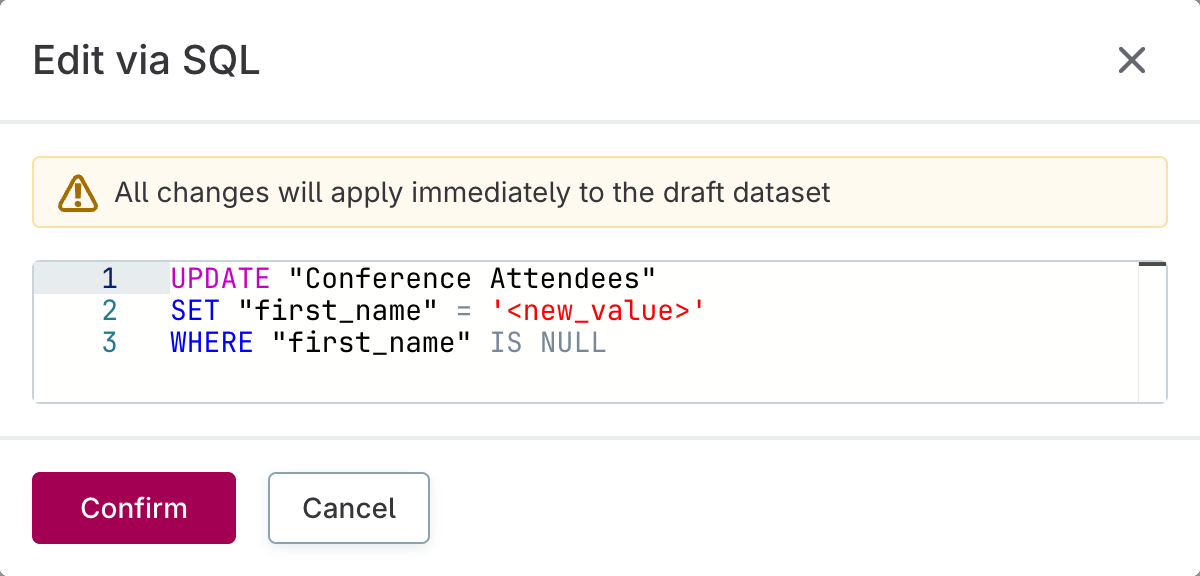 SQL column editing interface