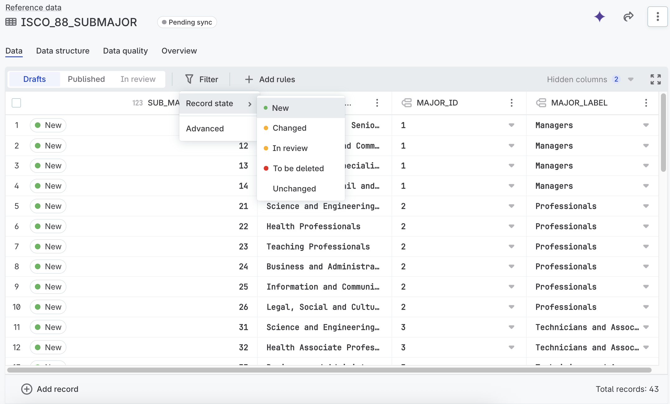 Filter reference data records by status