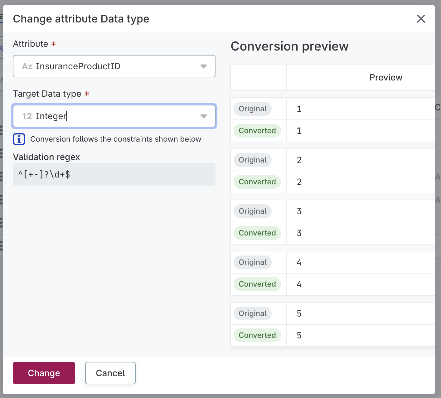 Change attribute data type with conversion preview