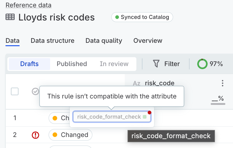 DQ rule compatibility warning messages