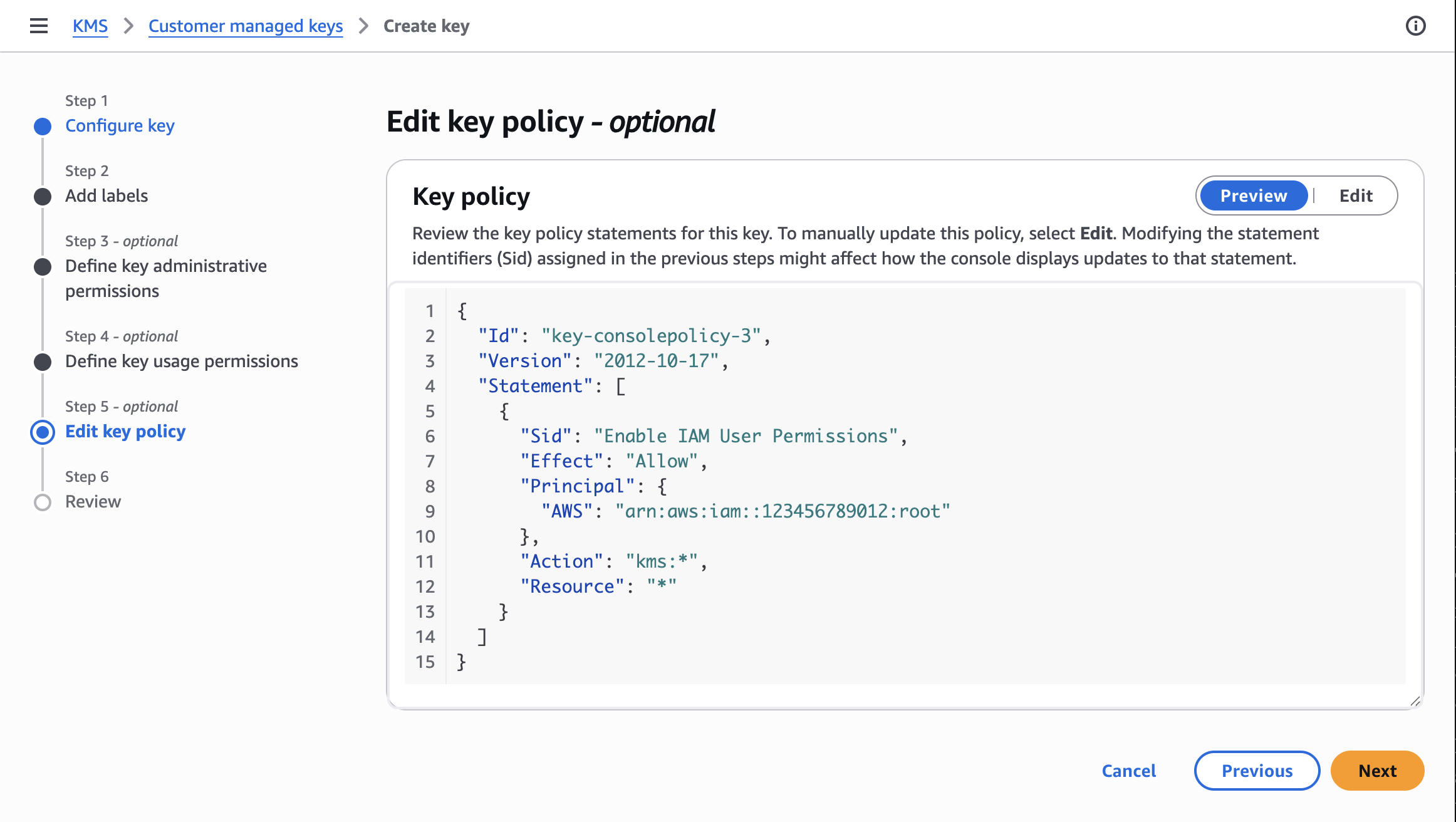 Edit key policy step in the AWS KMS console