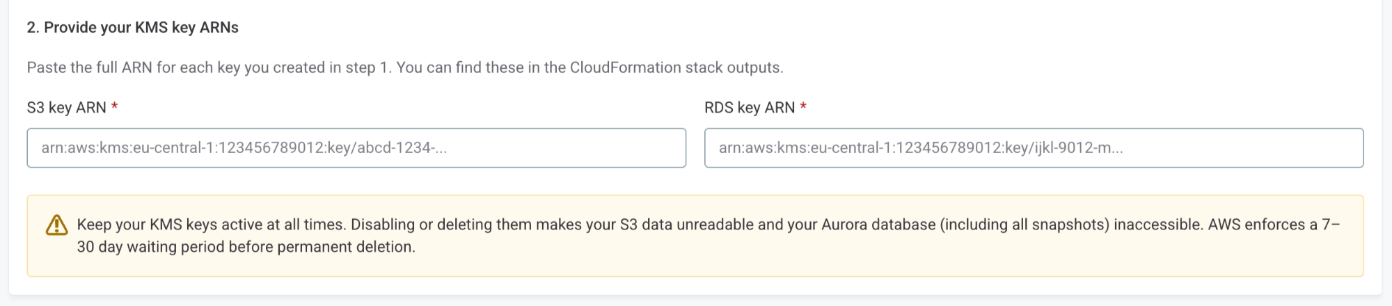 Providing key ARNs in the Create SaaS environment wizard