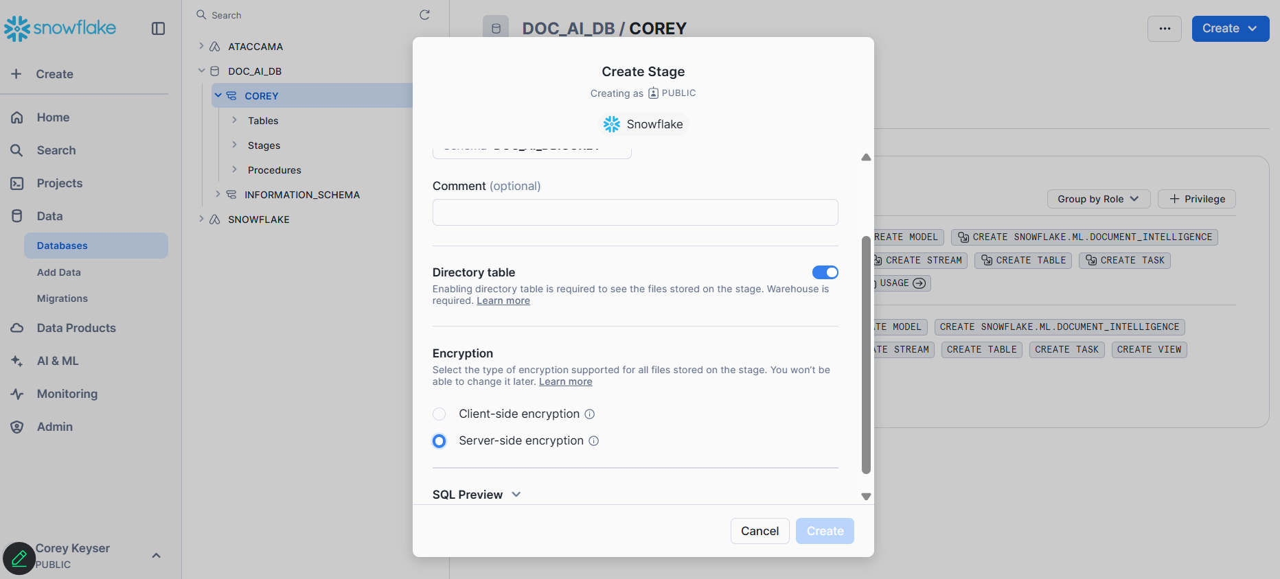 Create stage modal dialog