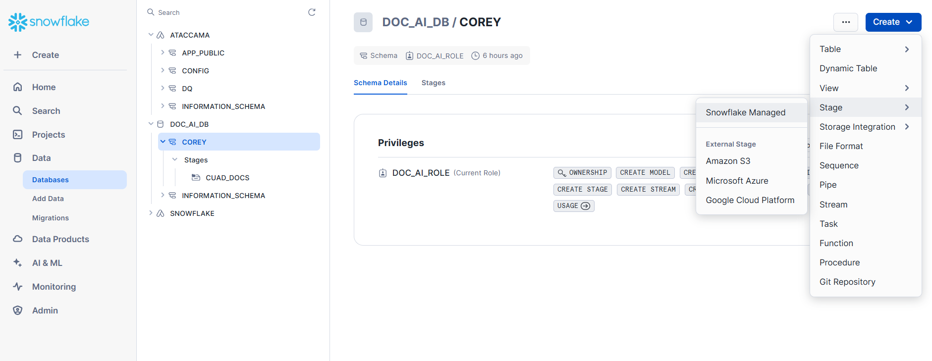 Snowflake managed stage configuration