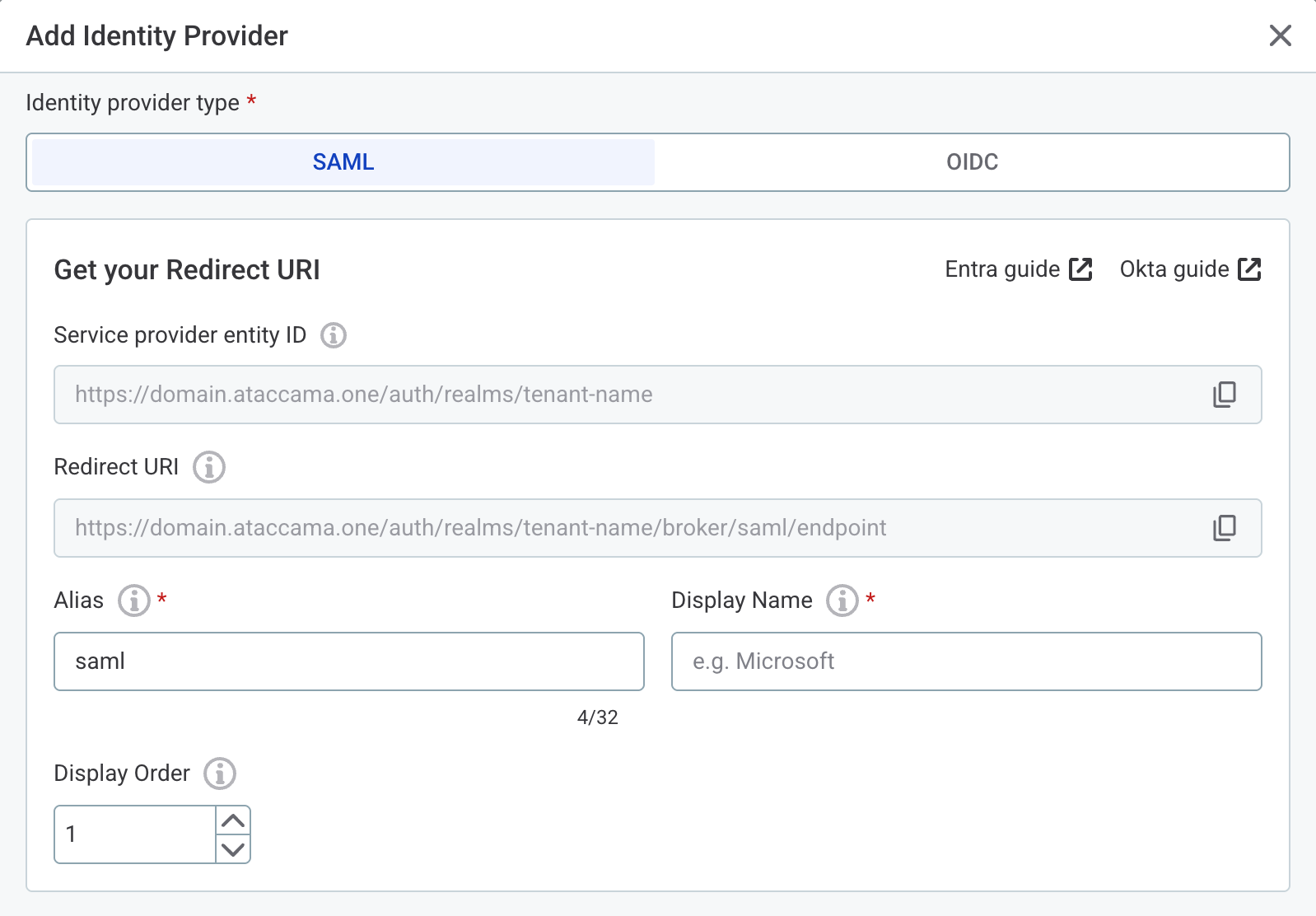 Service provider entity ID and redirect URI in the Add Identity Provider dialog