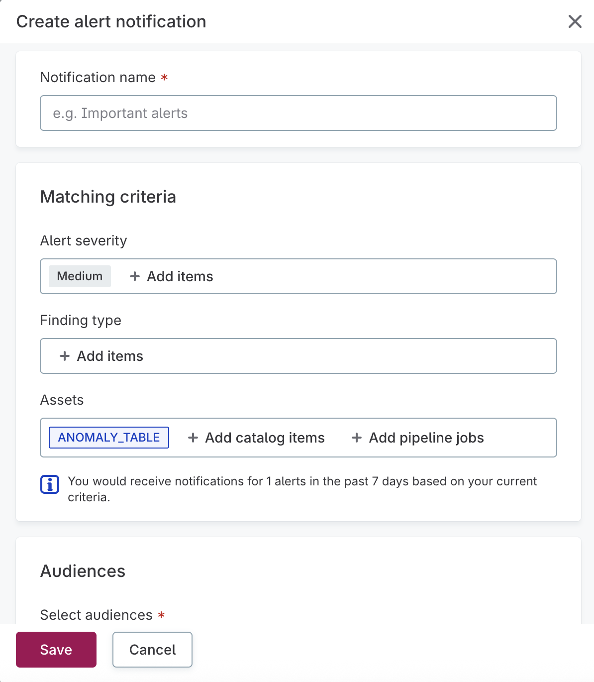 Create alert notification dialog with prefilled matching criteria