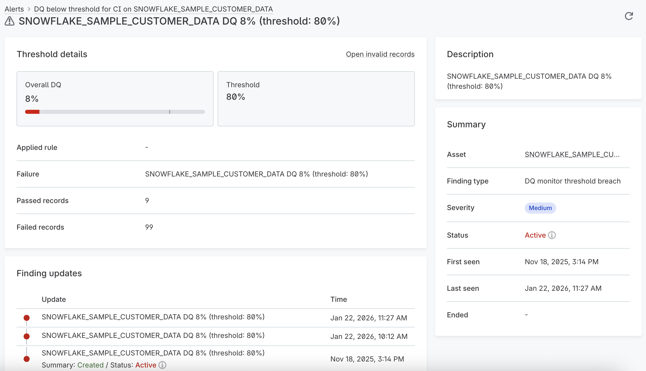Finding detail page showing threshold details and finding update history