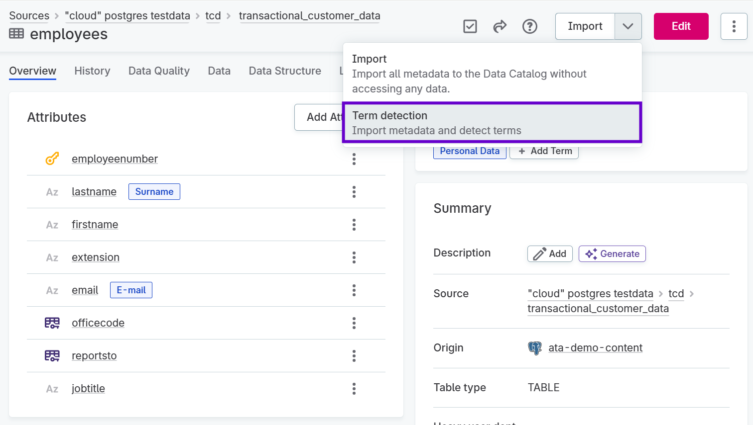 Running term detection from the import dropdown