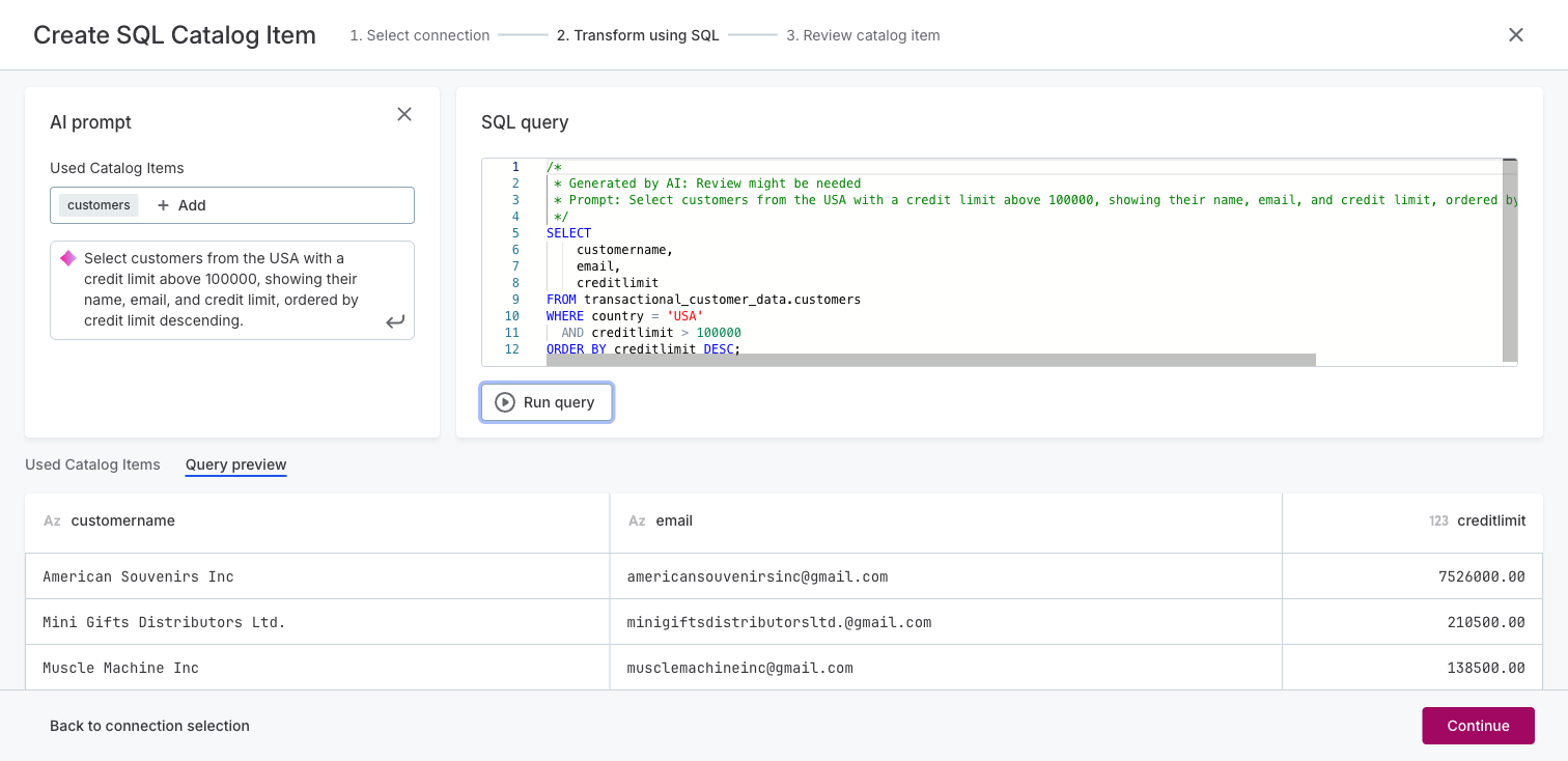 The Transform using SQL step with an AI-generated SQL query and the query results shown in the Query preview tab