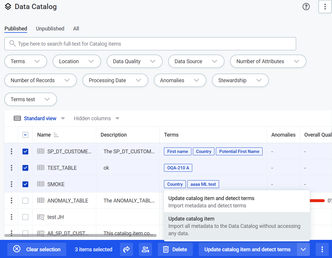 import metadata catalog item bulk update