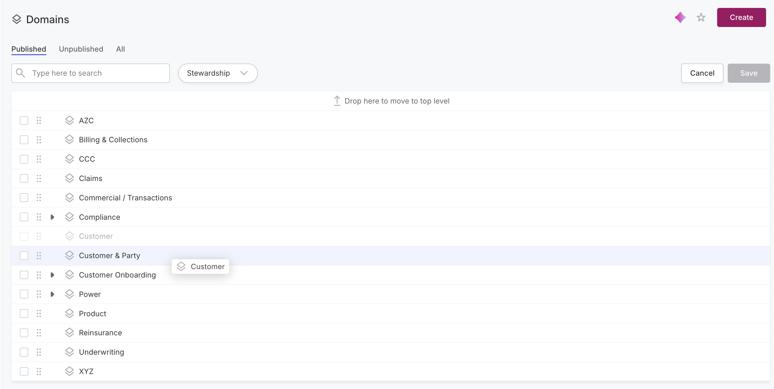 Reorder mode on the Domains listing