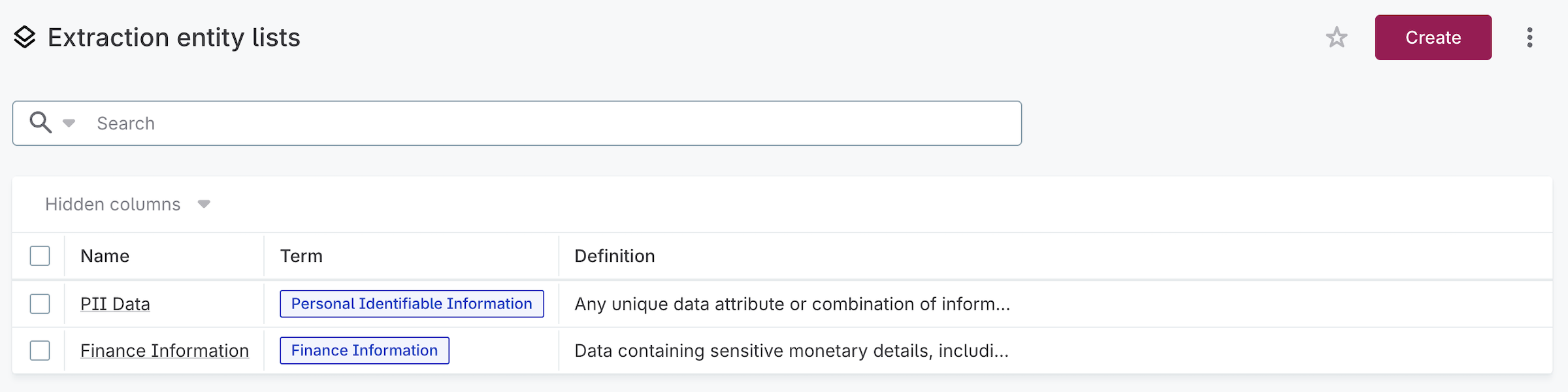 Extraction entity list