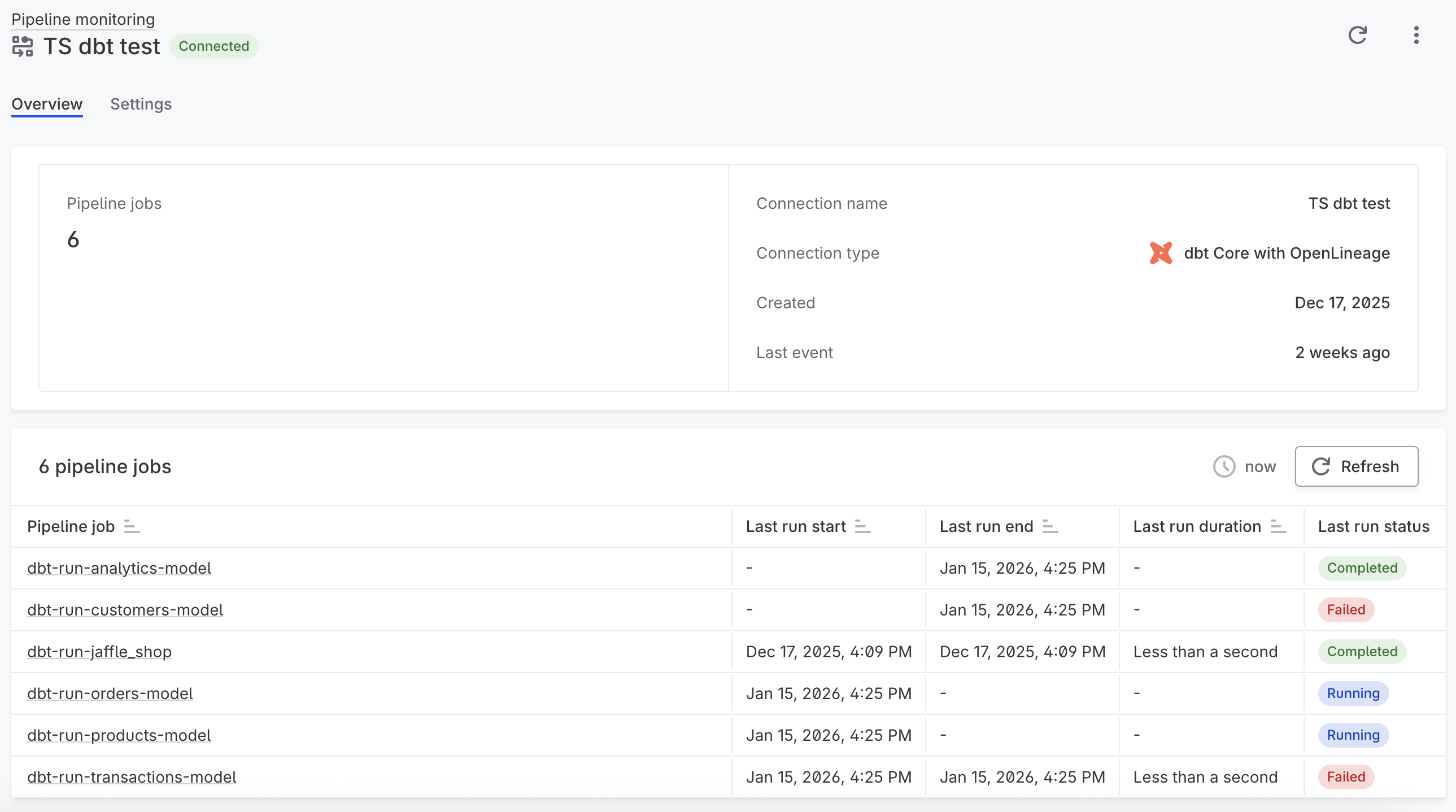 Connection detail page showing pipeline jobs table with run status