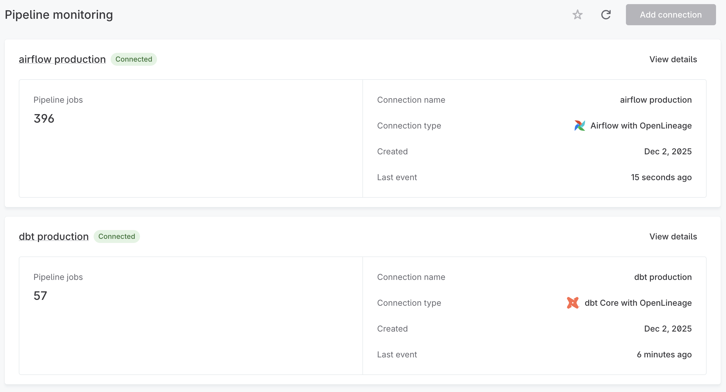 Pipeline monitoring page showing orchestrator connection cards with job counts and last event times