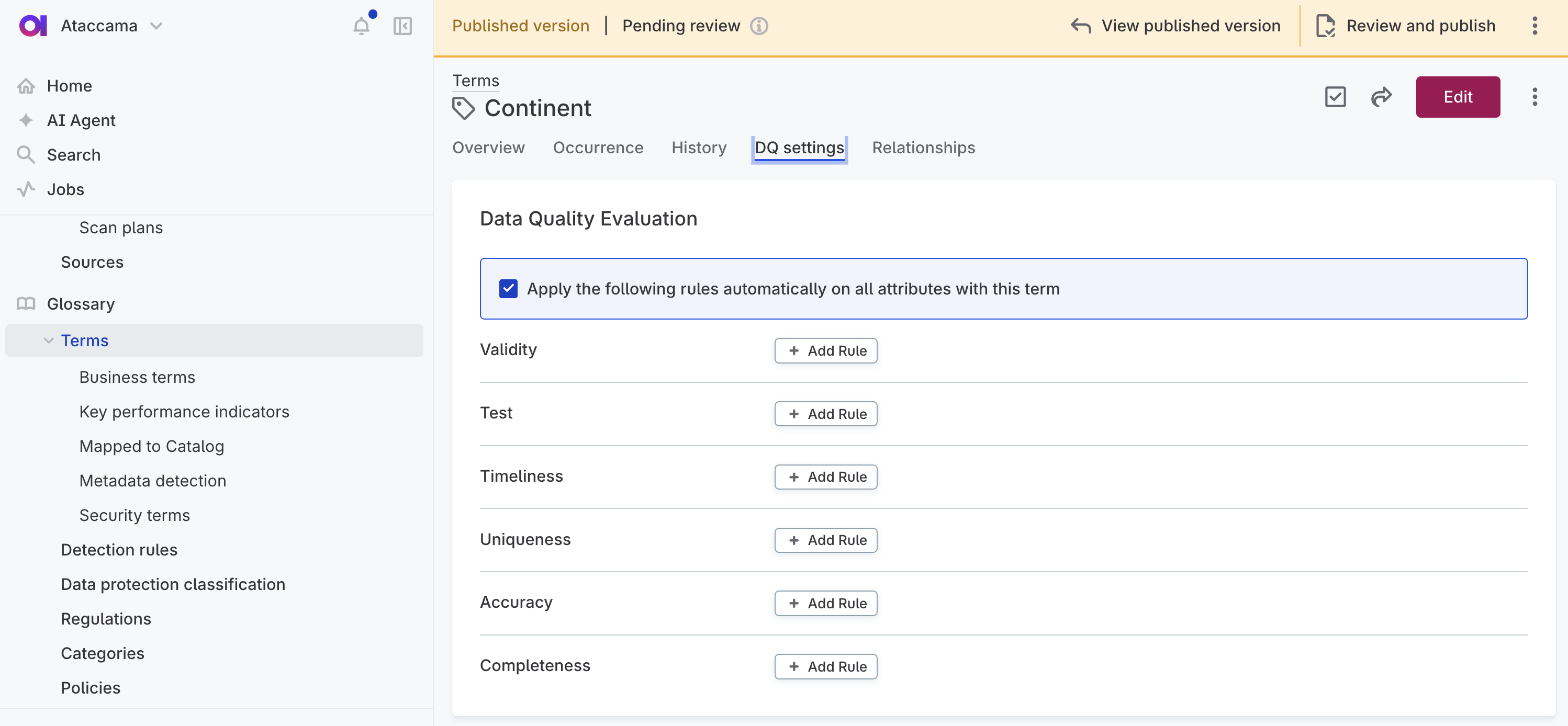 DQ settings tab showing dimension categories with Add Rule buttons