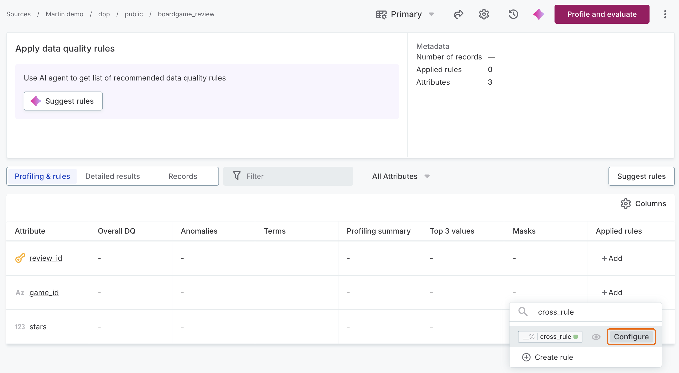 Applied rules search showing a cross-table rule with the Configure option