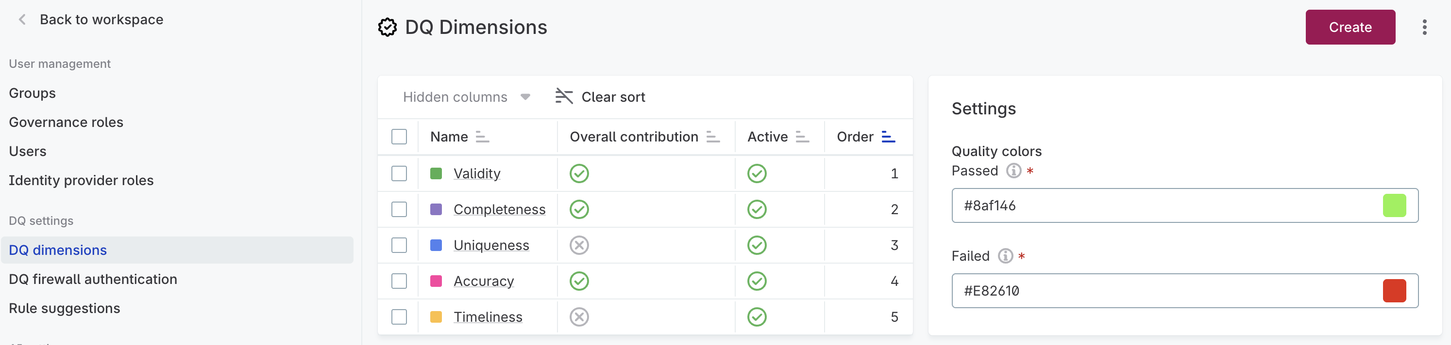 DQ settings menu showing DQ dimensions option