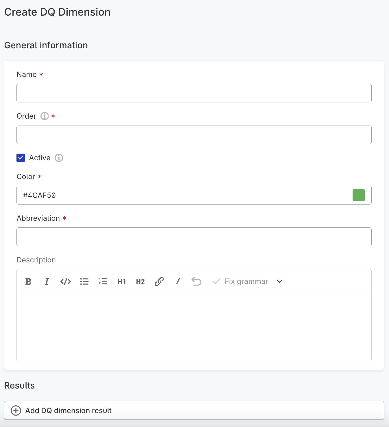 Create DQ dimension dialog