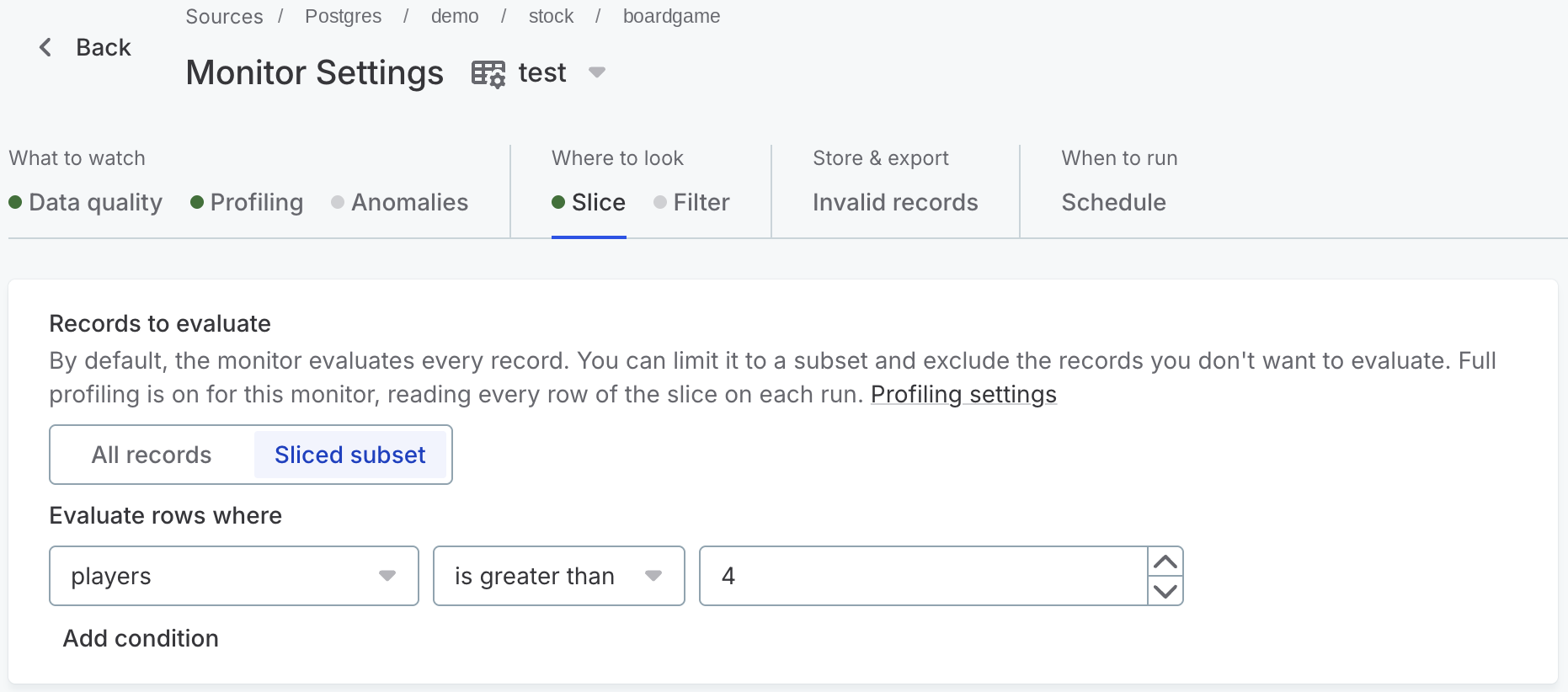 The Slice tab with Sliced subset selected and a condition that evaluates only rows where players is greater than 4