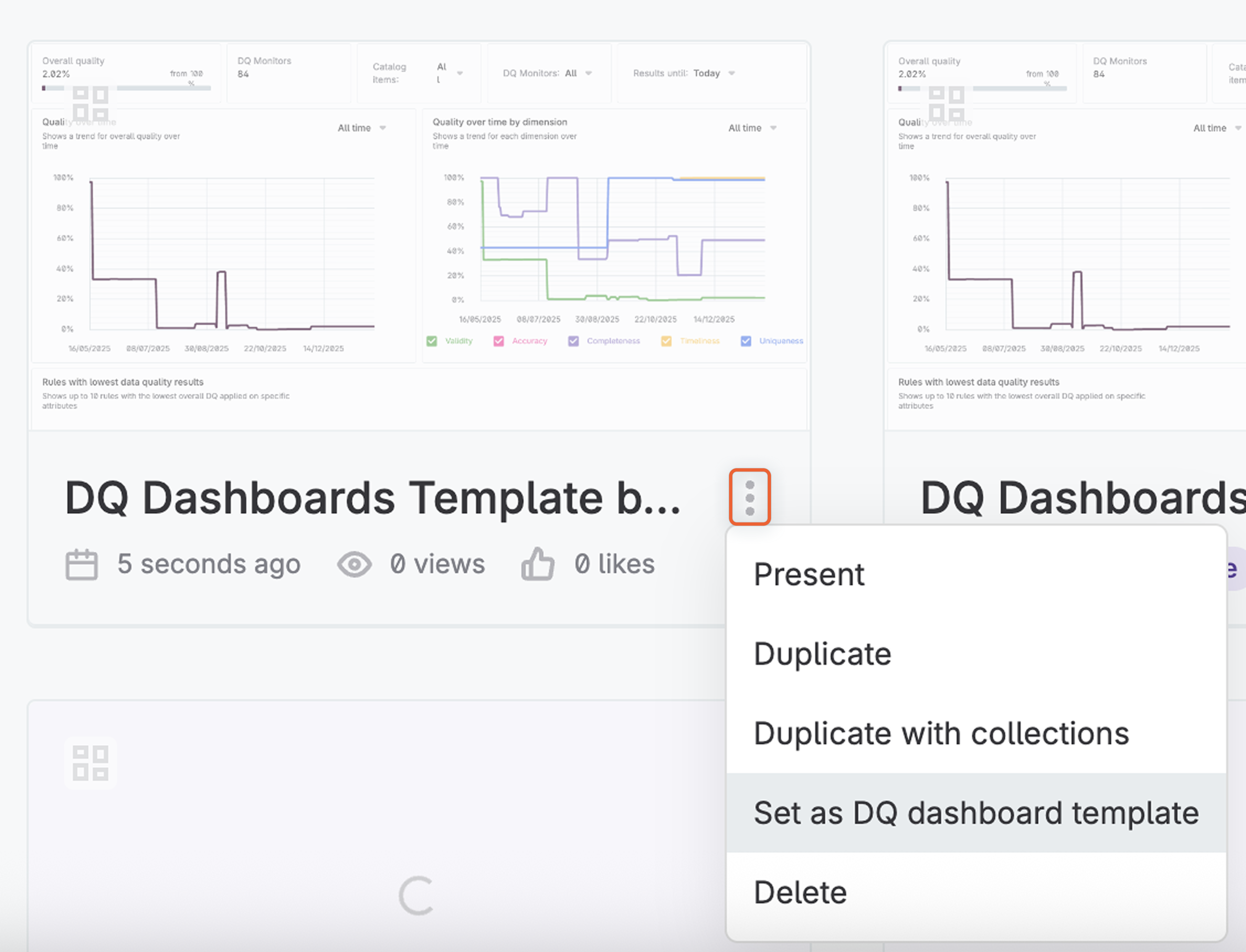 Set as DQ dashboard template option in three dots menu