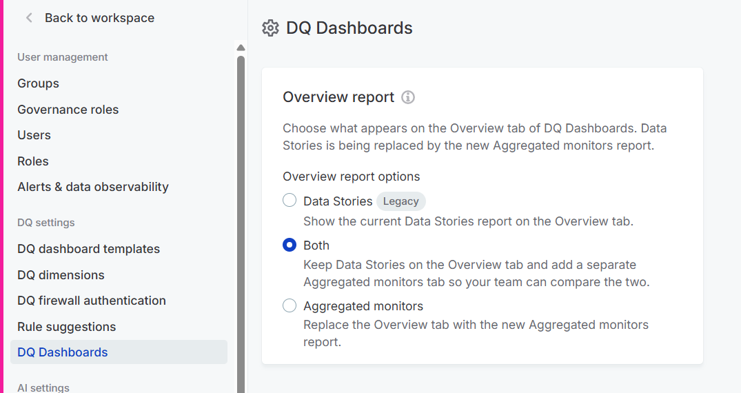 The Overview report setting with the Data Stories