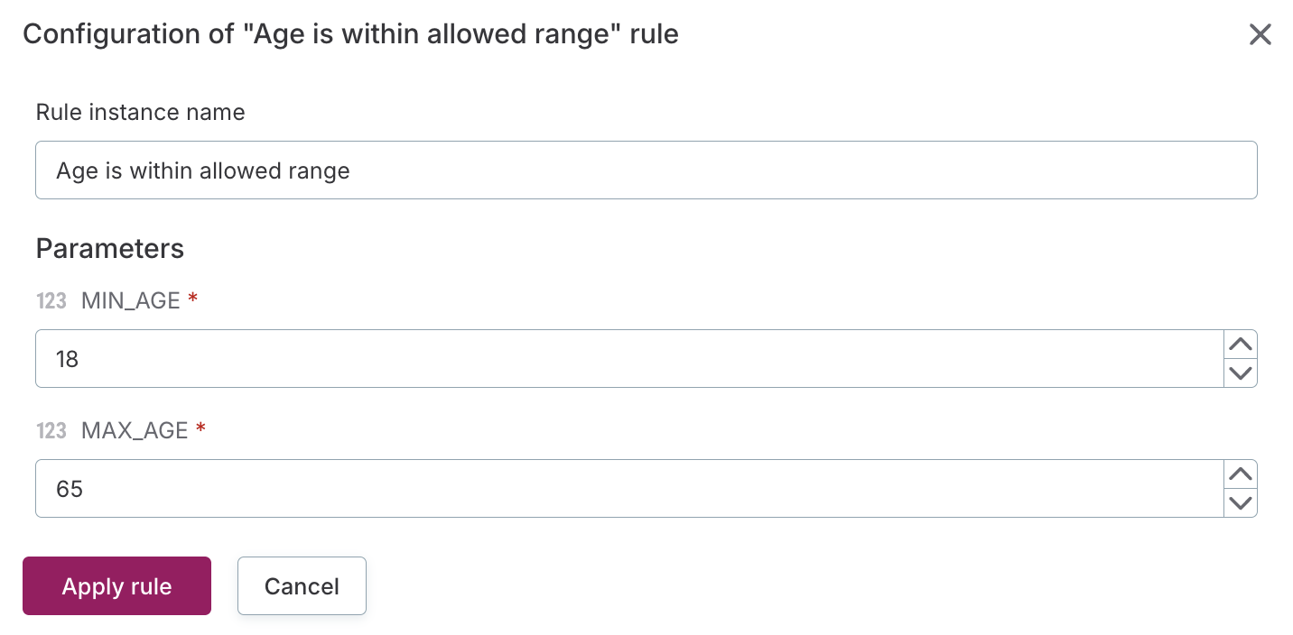 Rule configuration dialog with the Rule instance name field and one field per parameter with required parameters marked by an asterisk