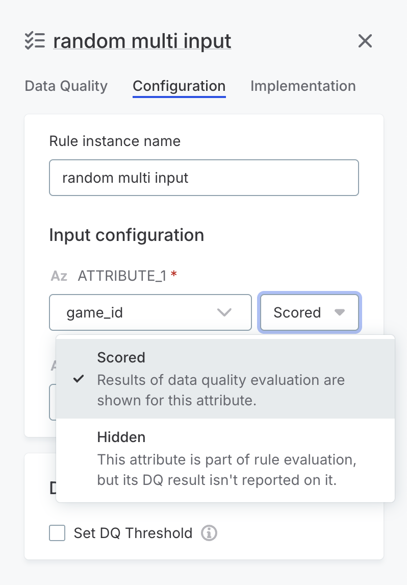 Applied rule sidebar showing the Configuration tab with the Scored or Hidden dropdown