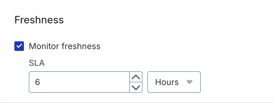 Freshness section of the monitor settings with Monitor freshness selected and an SLA value set in hours