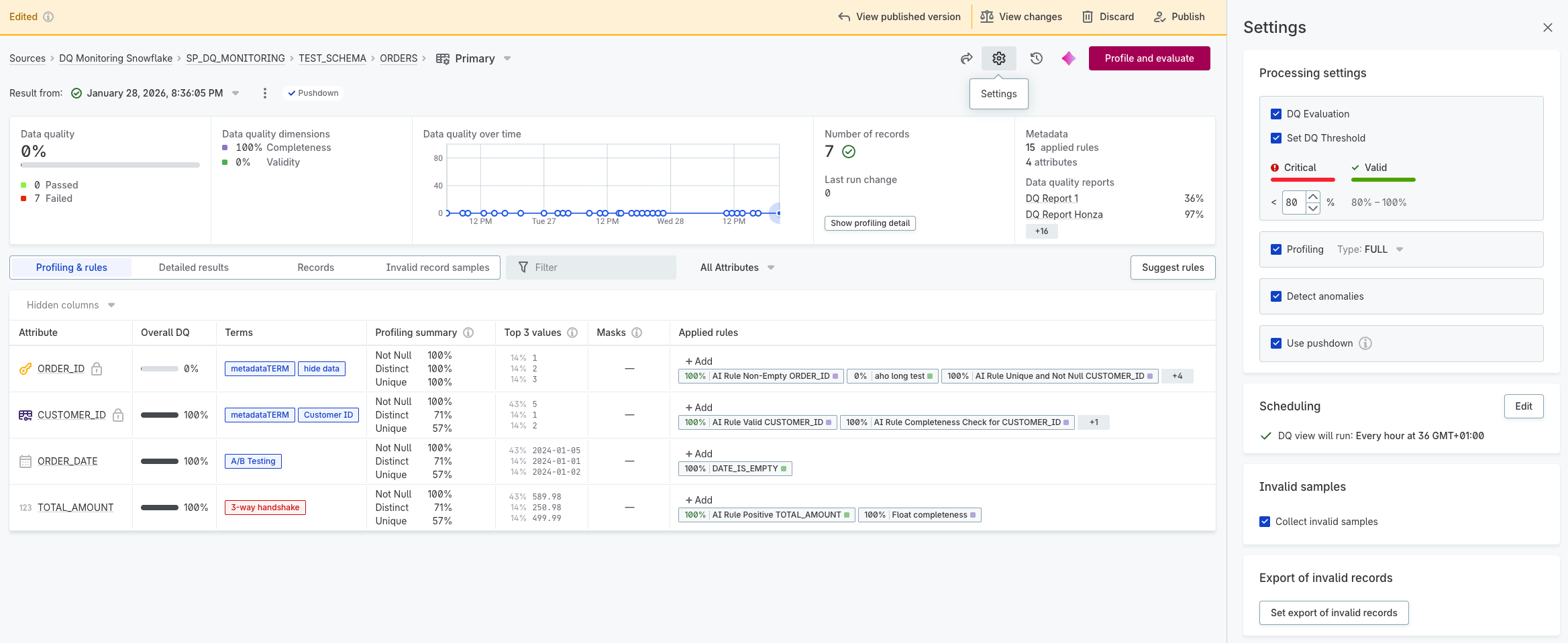 DQ monitor Settings tab showing processing settings including DQ Evaluation and Profiling checkboxes