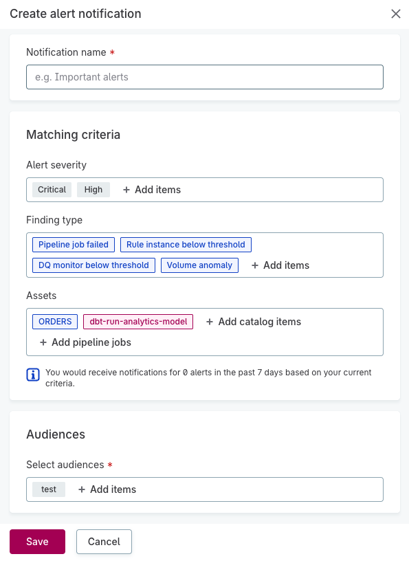 Create notification policy dialog showing matching criteria and audience selection