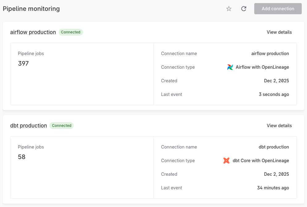 Pipeline monitoring connections list showing a connected orchestrator with status indicators for total jobs and last event