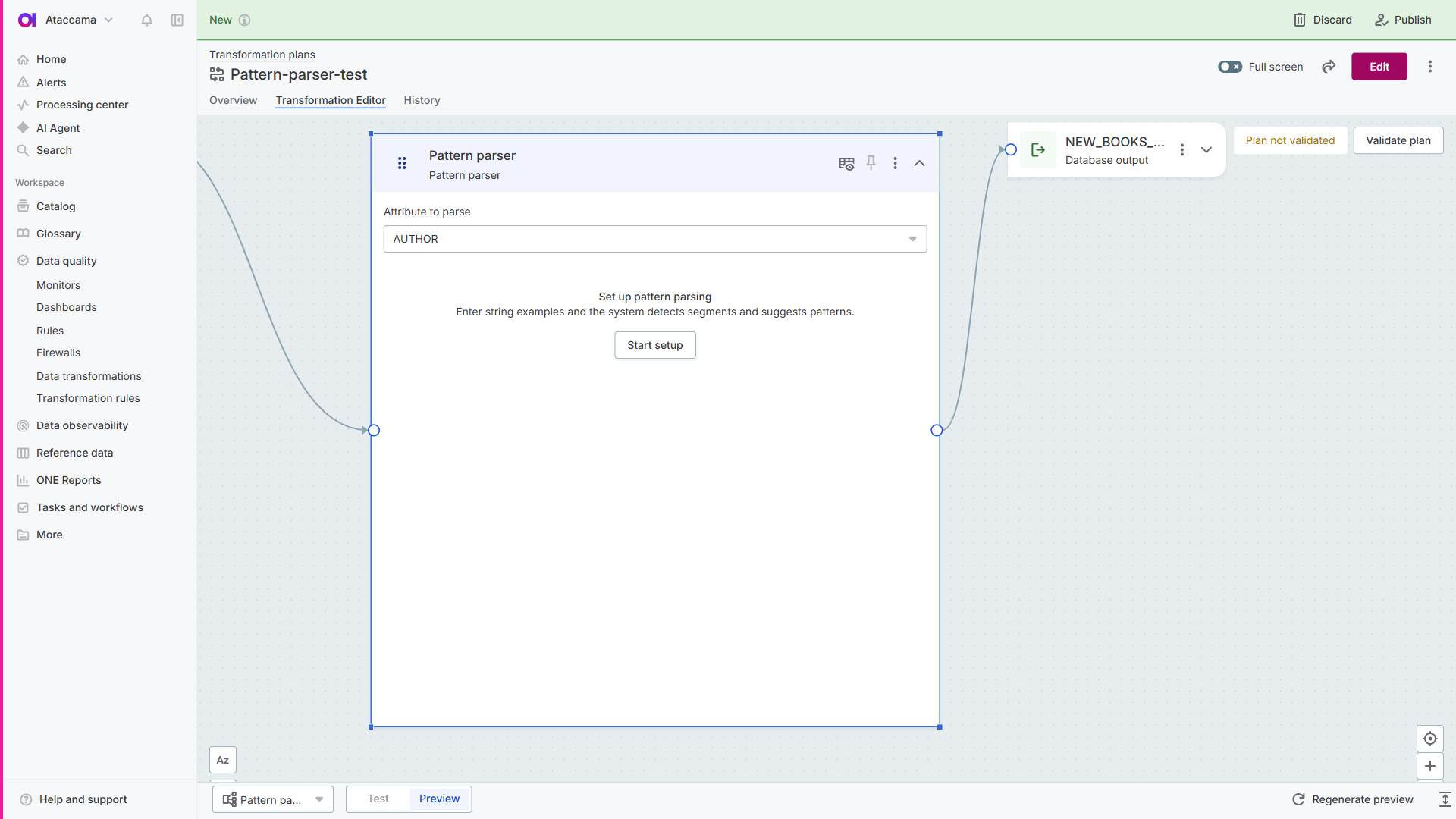 Pattern Parser configuration showing attribute selector and start setup button