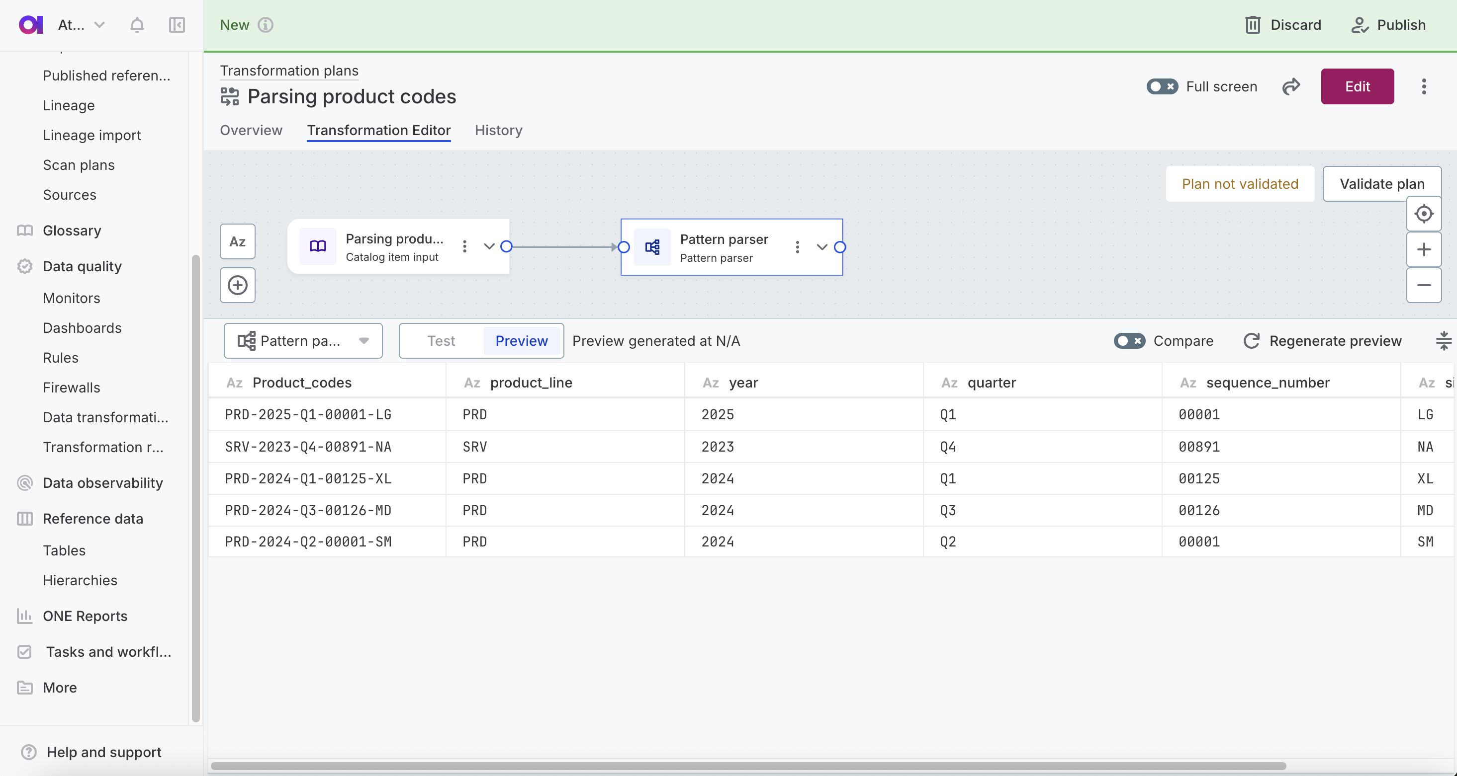 Parsed product code data showing extracted segments