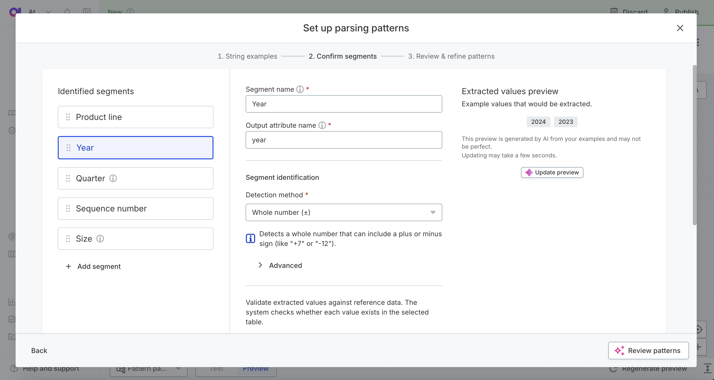 Step 2 showing segment configuration for product codes