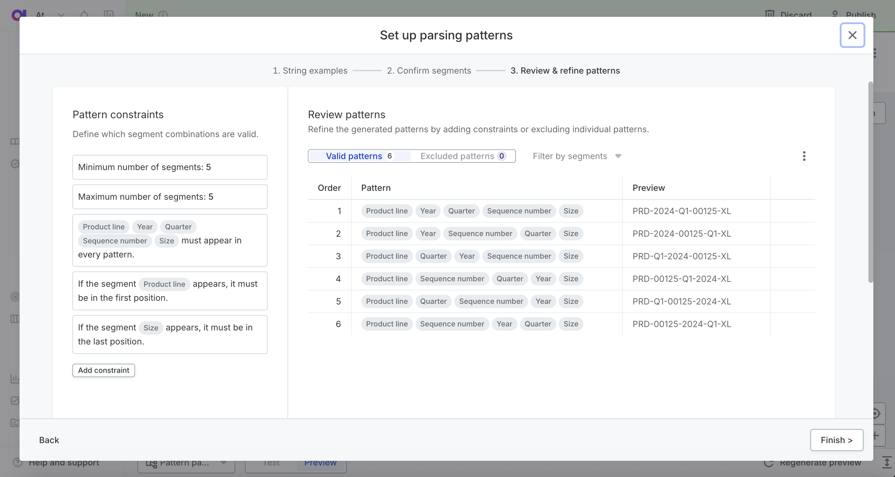 Step 3 showing pattern constraints and review