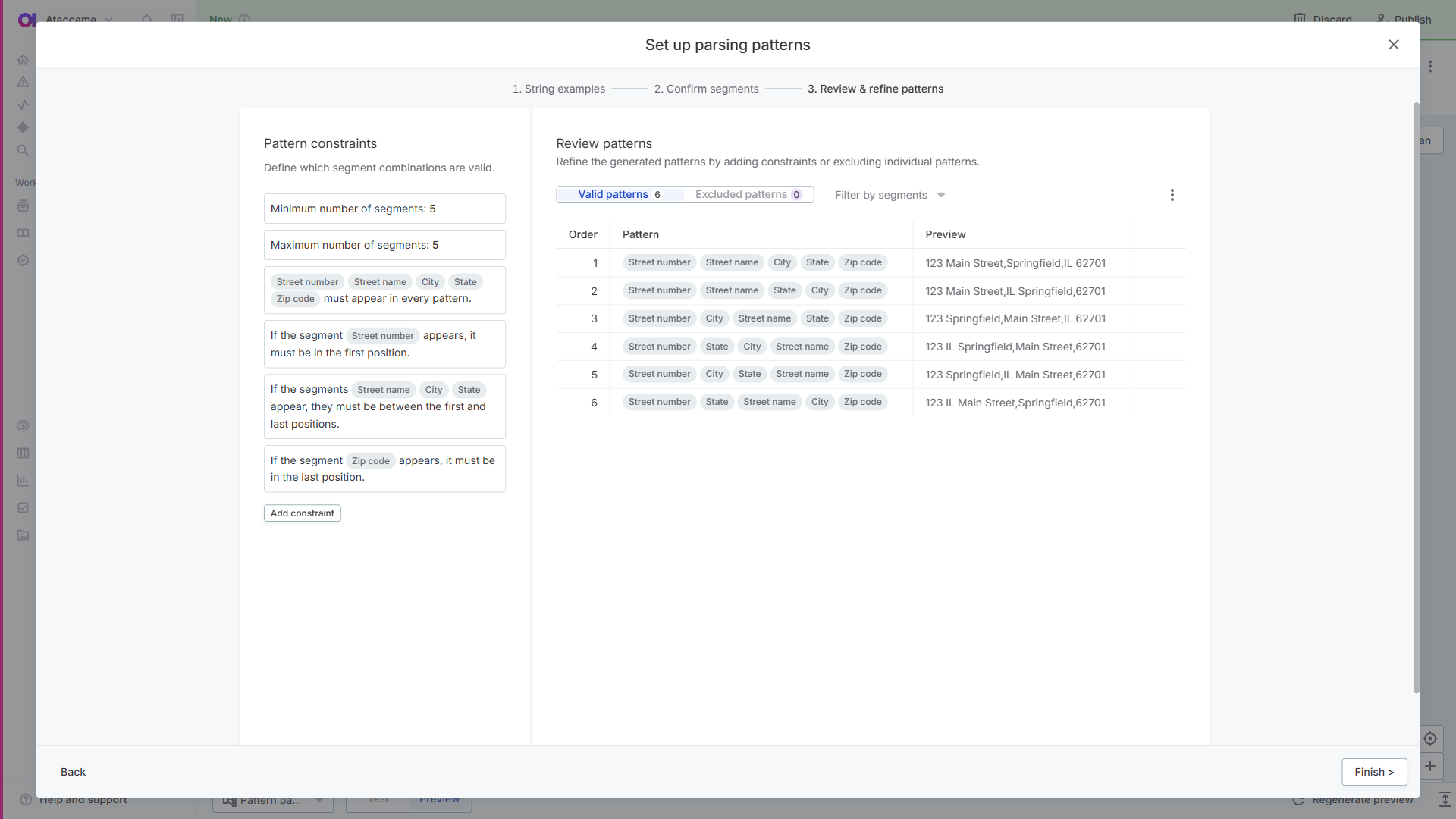 Step 3 showing pattern constraints and review table