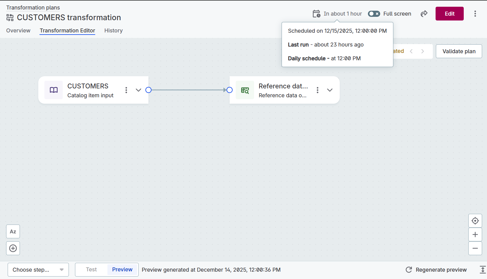 Scheduled run information displayed near action buttons