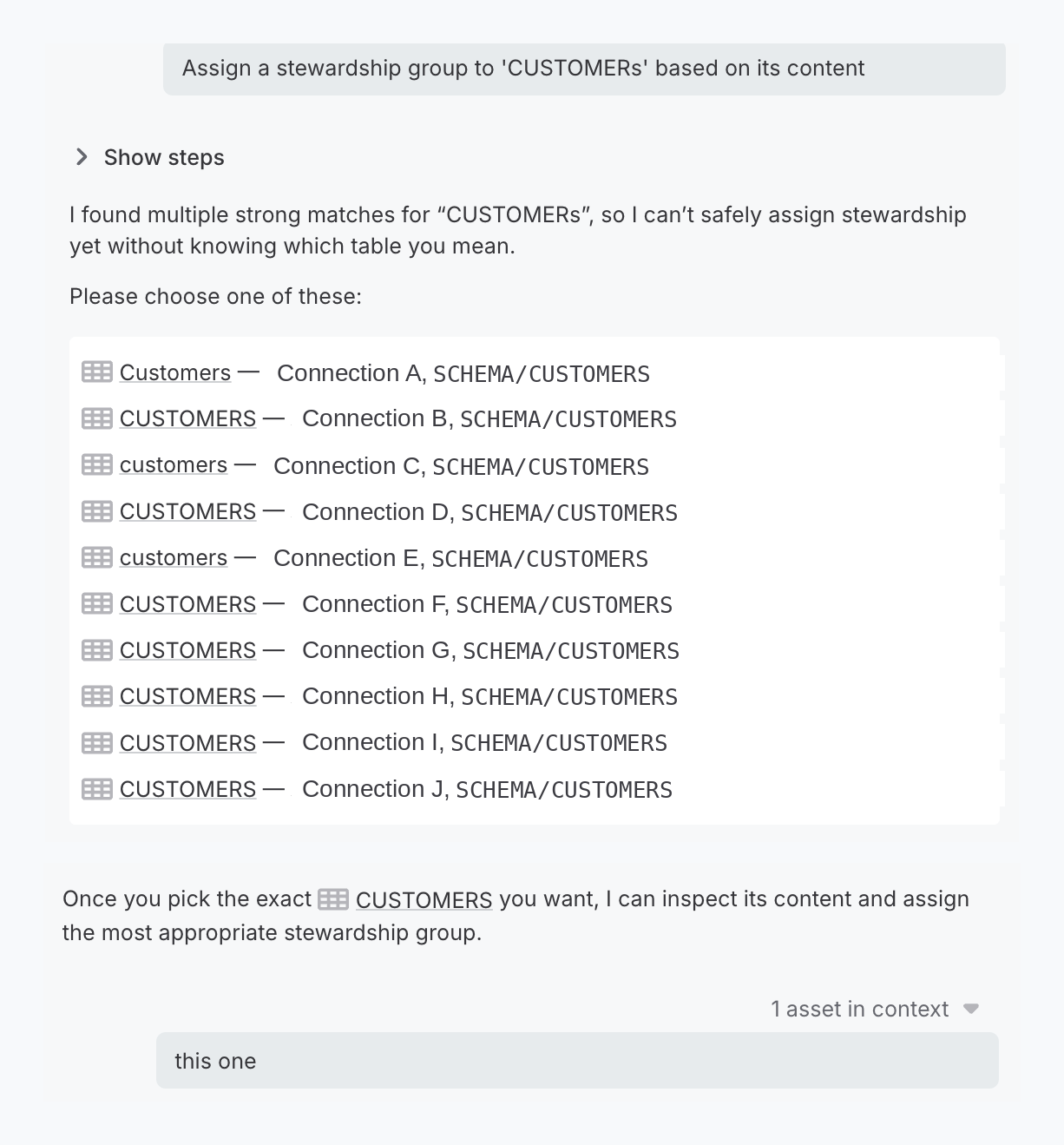 The AI Agent listing ten catalog items named CUSTOMERS